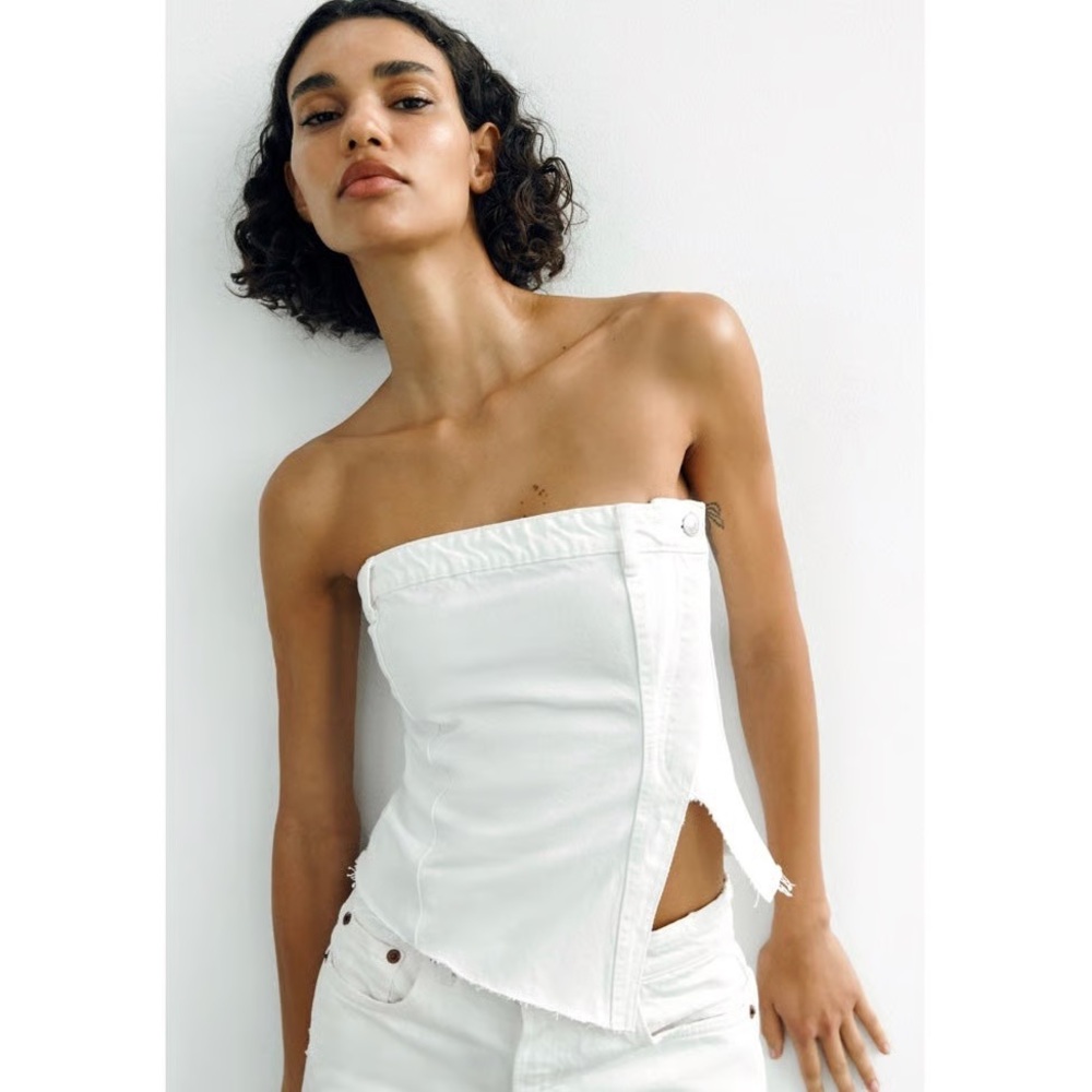 Zara White Strapless Asymmetric Denim Corset Top